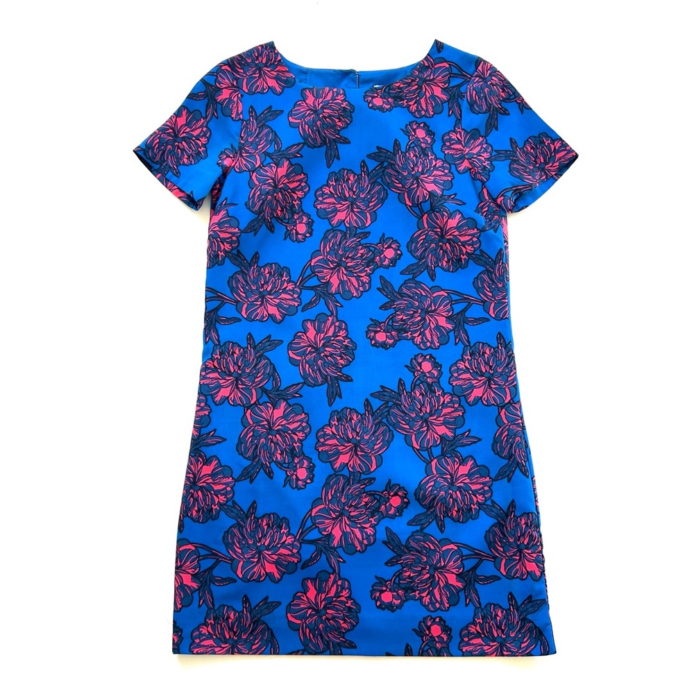 J. Crew Bright Blue & Pink Floral Print Short Sleeve Shift Dress